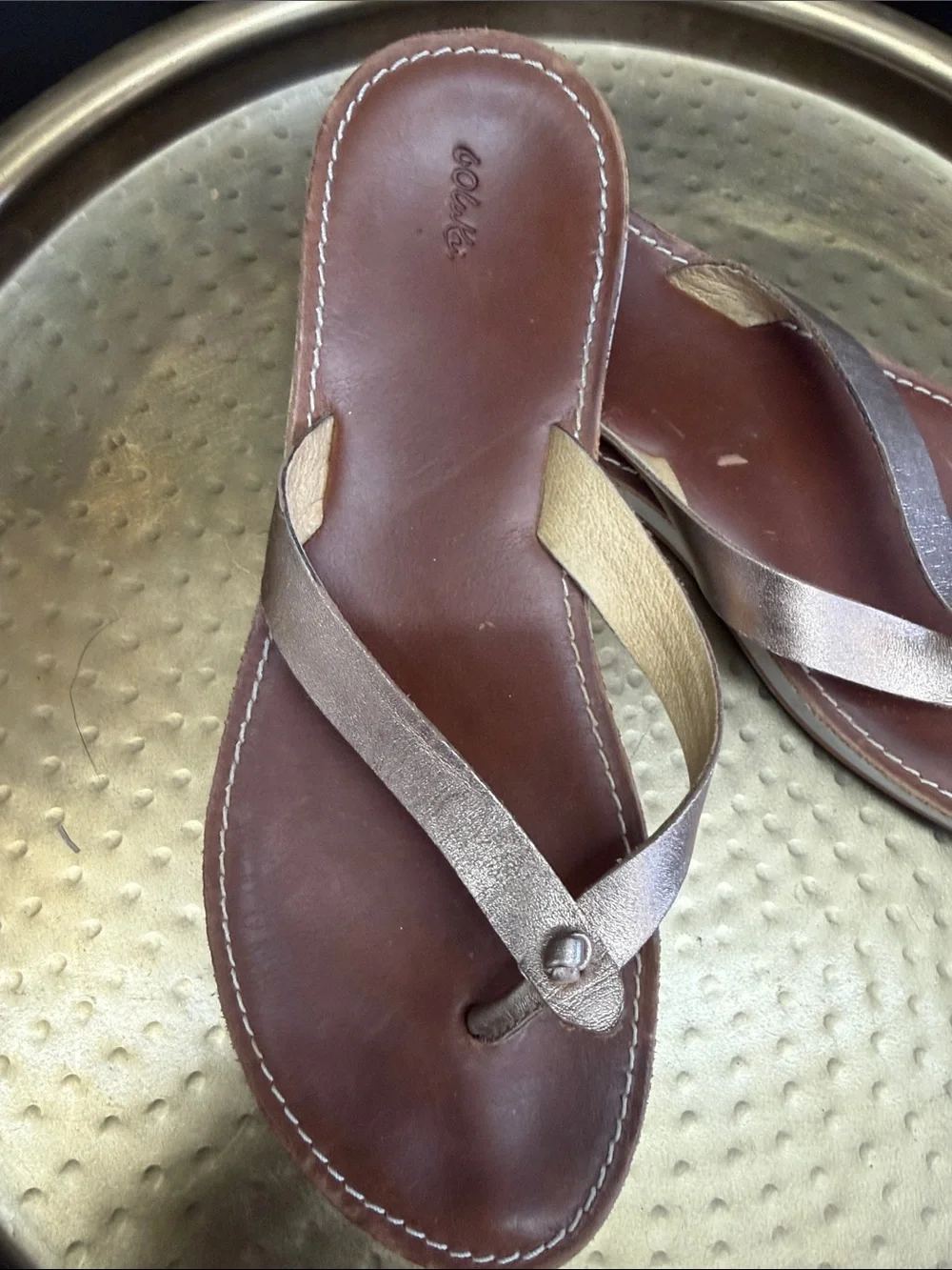 Olukai Women's Nohie Metallic GoldLeather Flip Flop Sandals